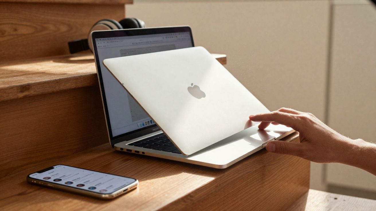 Pessoa a fechar um computador portátil Apple num espaço com mesa de madeira e telemóvel ao lado.