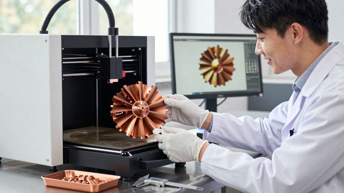 Homem em bata segura peça de rotor de metal saída de impressora 3D num laboratório.