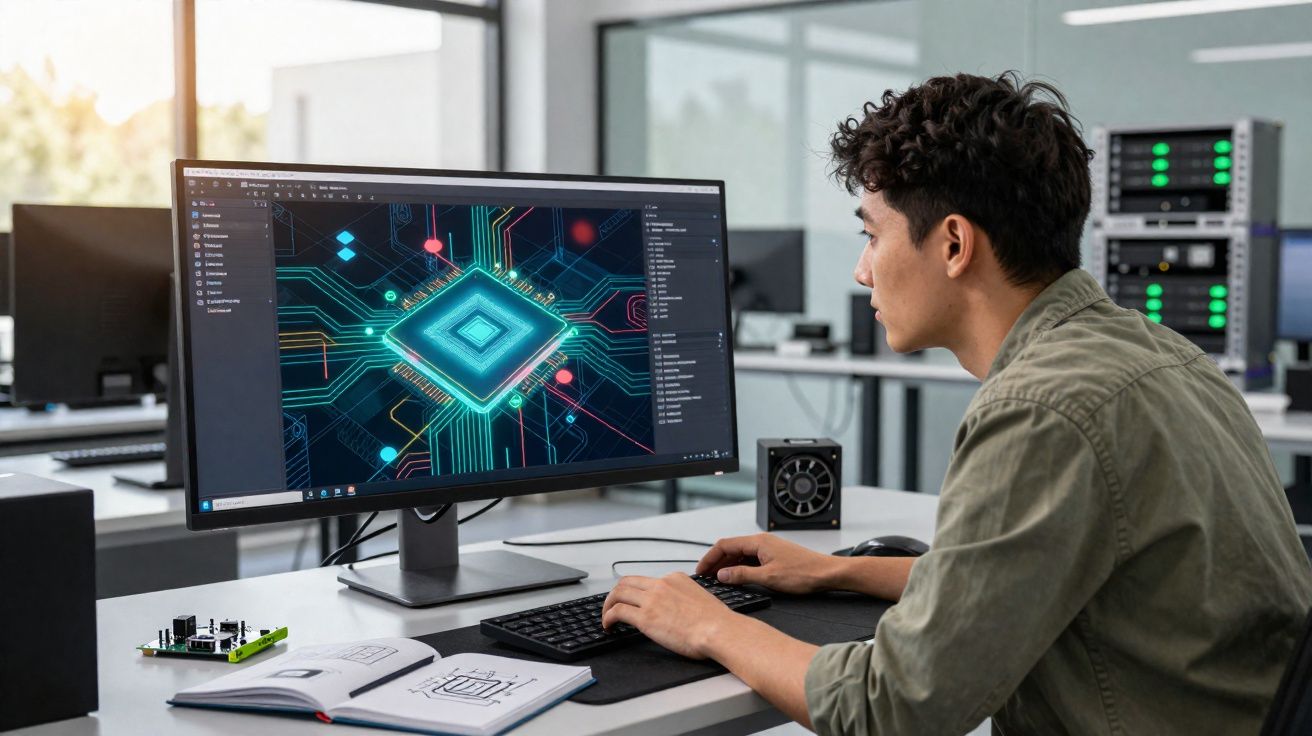 Homem a trabalhar em computador com imagem de circuito eletrônico em monitor numa sala de escritório.