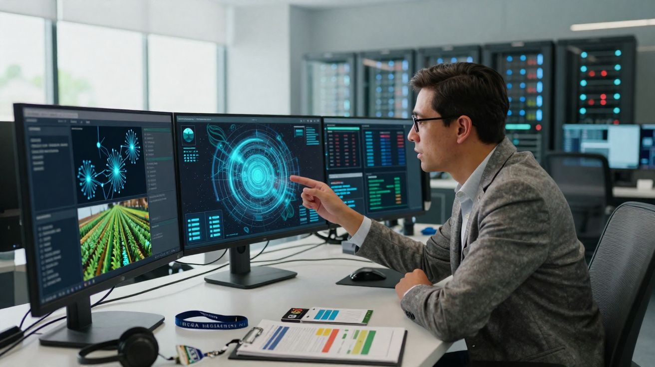 Homem a analisar dados digitais em múltiplos ecrãs num ambiente de trabalho tecnológico.