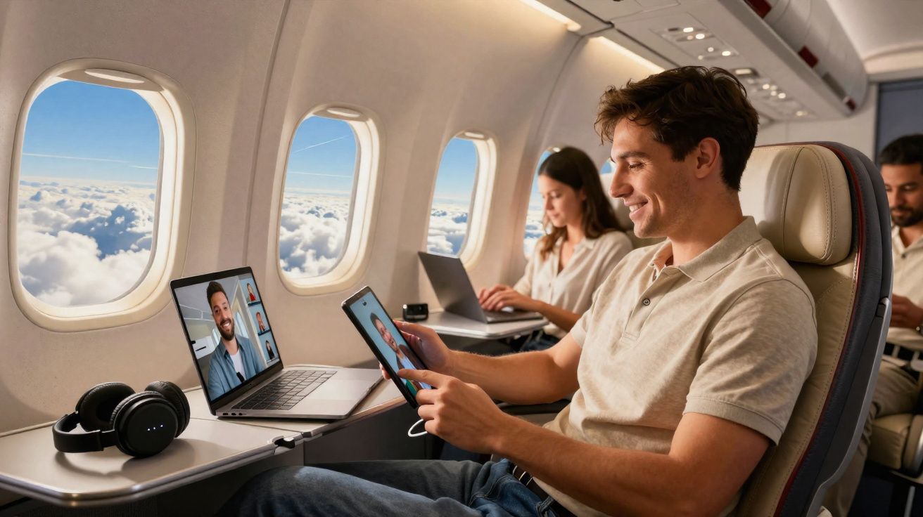 Homem sorridente a usar tablet num avião com nuvens visíveis nas janelas e outros passageiros a trabalhar.