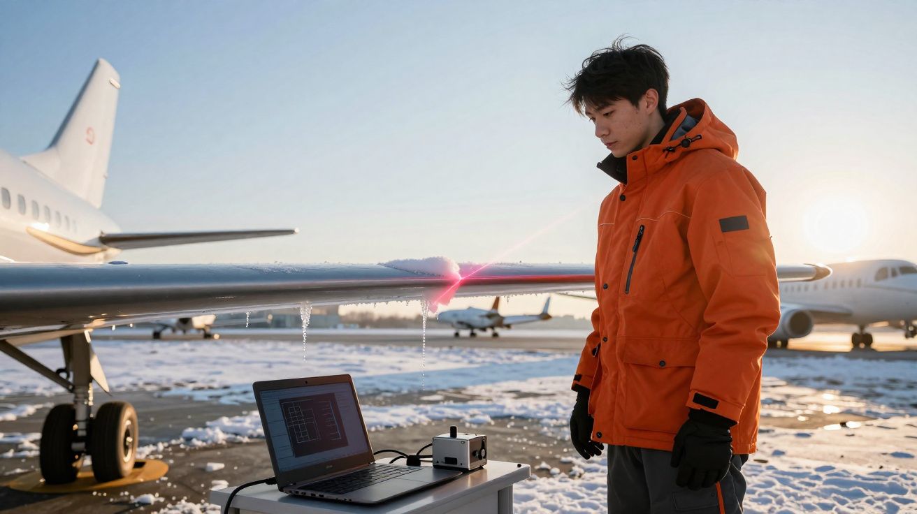 Homem com casaco laranja realiza inspeção de asa de avião com equipamento tecnológico na neve ao nascer do sol.