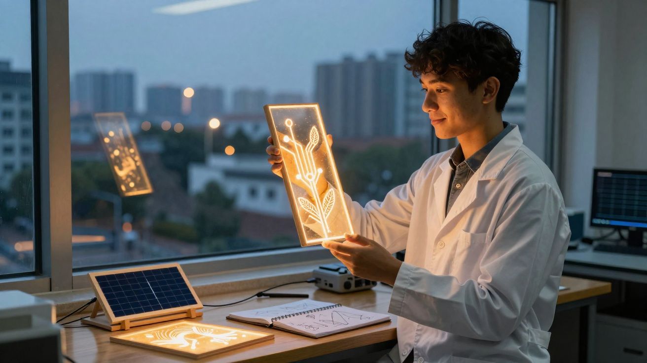 Jovem cientista em bata branca segura painel luminoso com desenho de planta em laboratório moderno ao entardecer.