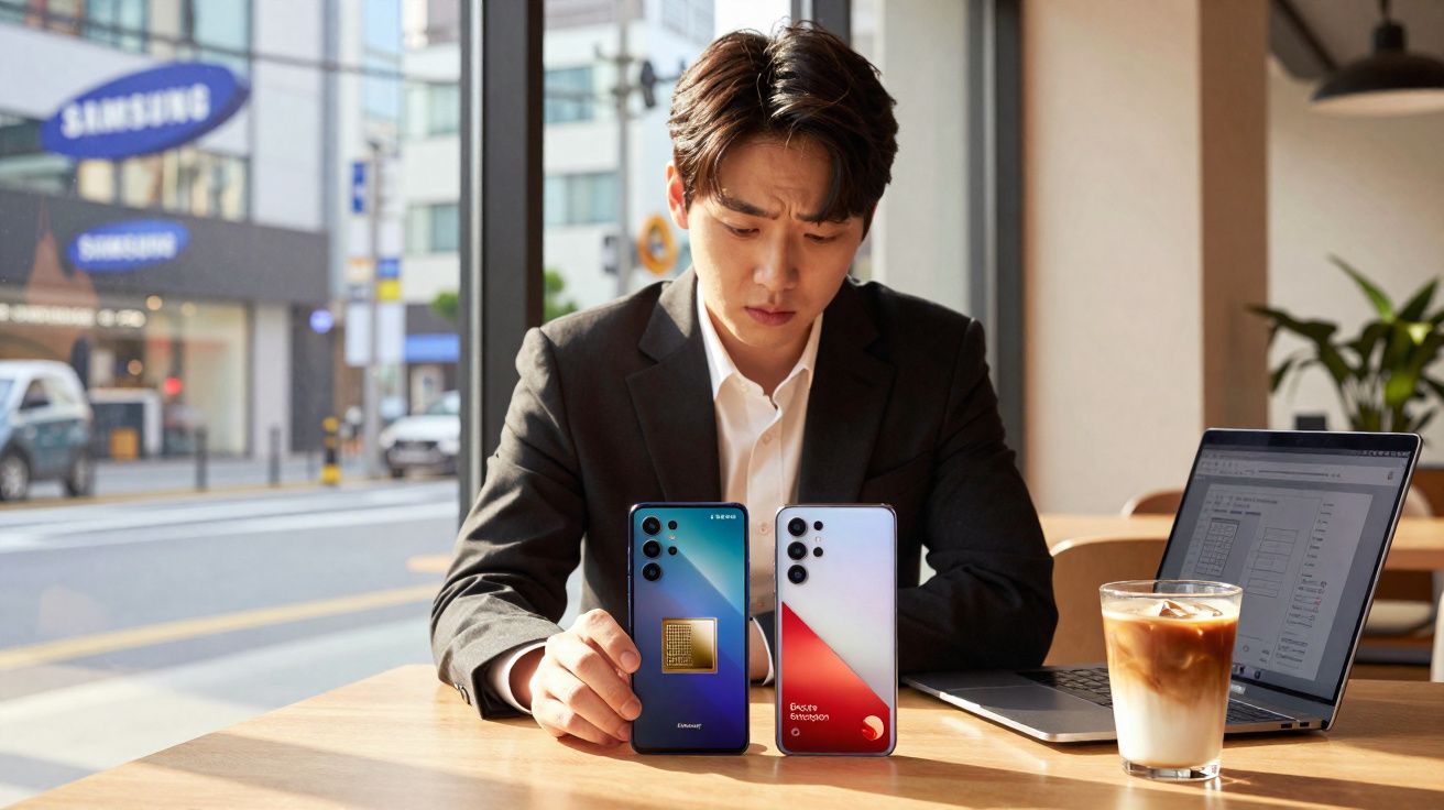 Homem sentado numa mesa com dois telemóveis Samsung Galaxy e um portátil aberto ao lado, num café.