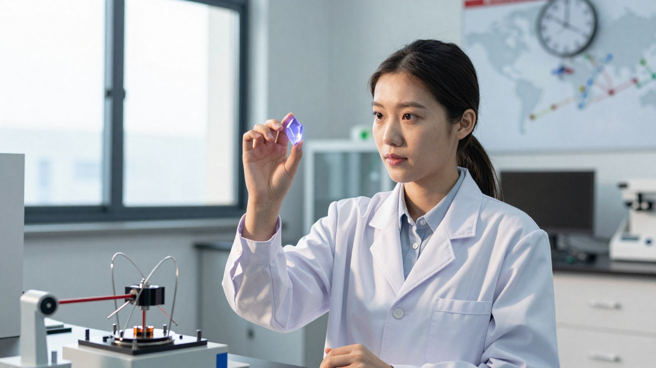 Cientista em laboratório a analisar um prisma azul enquanto veste bata branca.