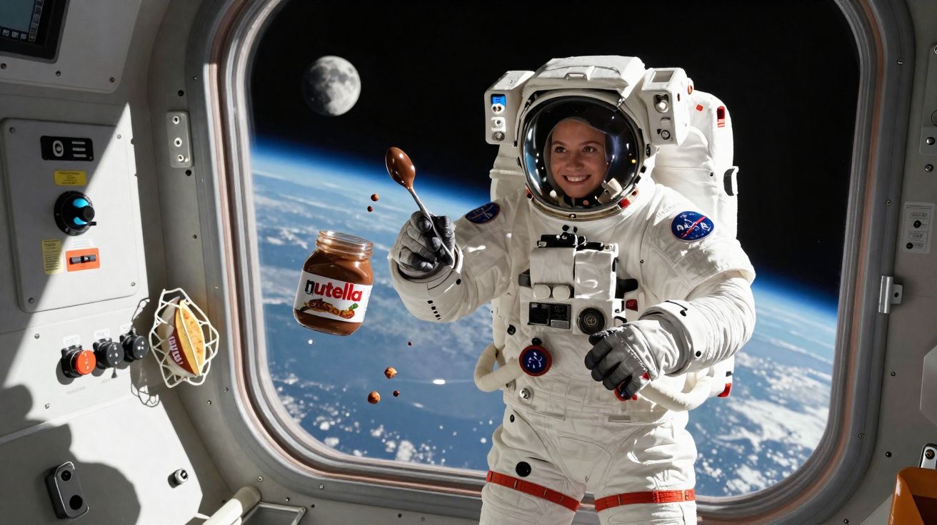 Astronauta sorridente no espaço, segurando colher com Nutella flutuante junto a frasco aberto.