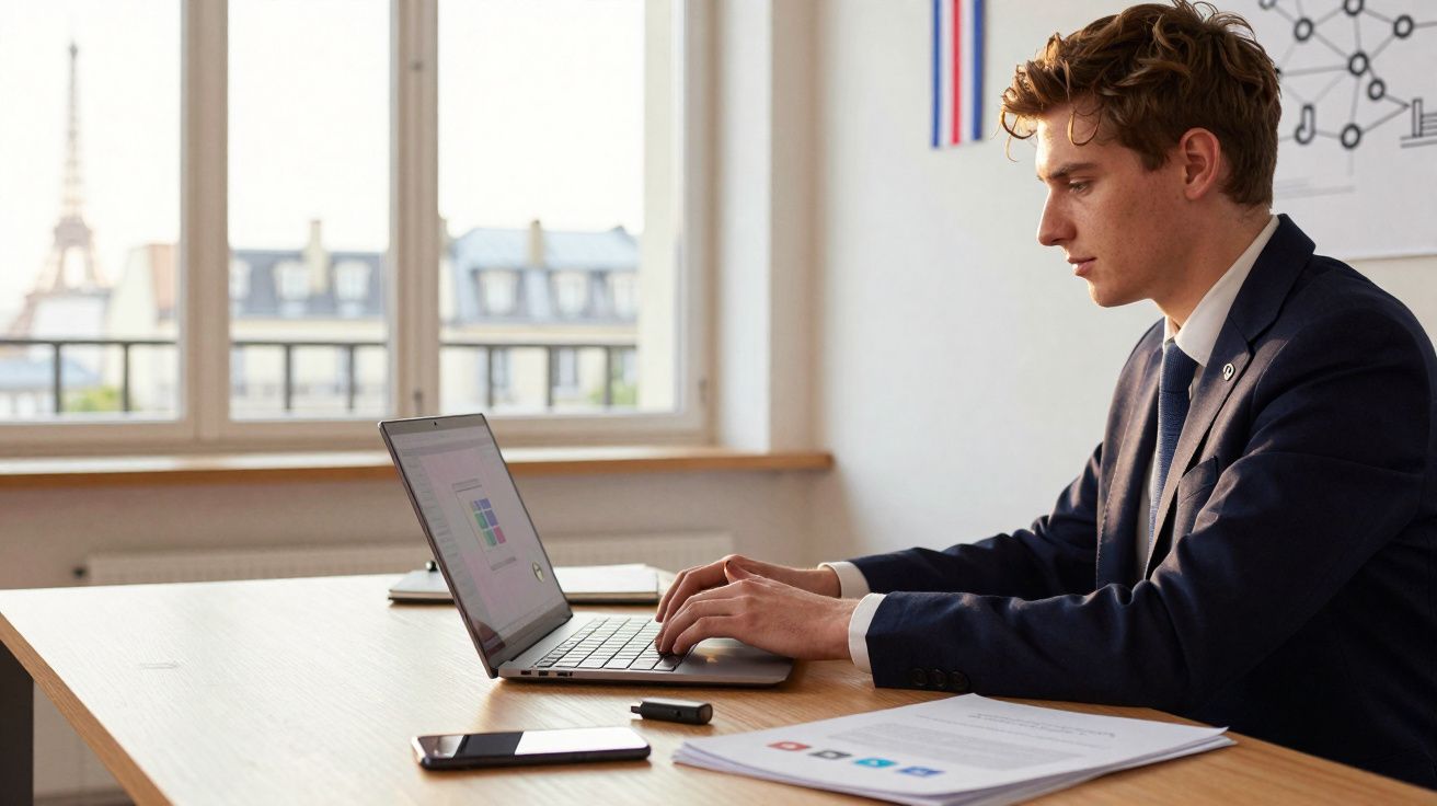 Jovem de fato sentado à secretária a trabalhar num computador portátil junto a uma janela ampla.
