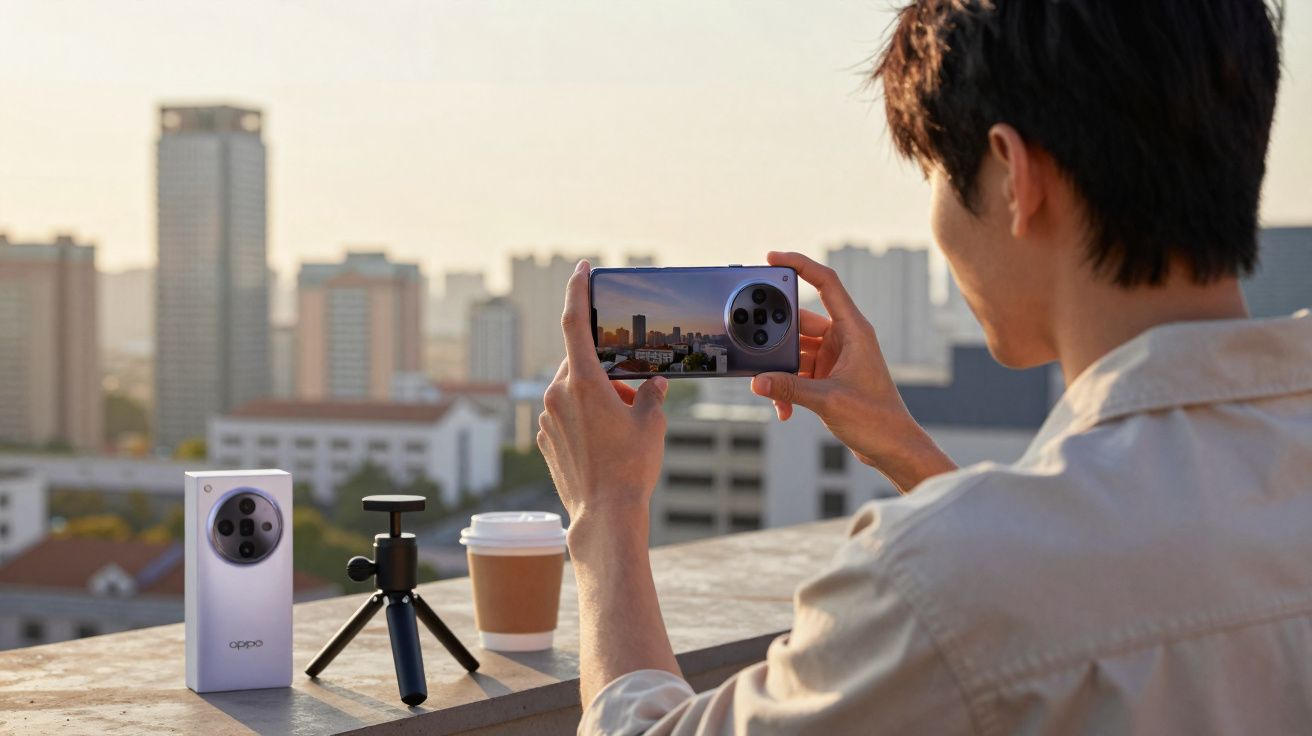 Pessoa a tirar foto da cidade ao pôr do sol com smartphone Oppo numa varanda alta.