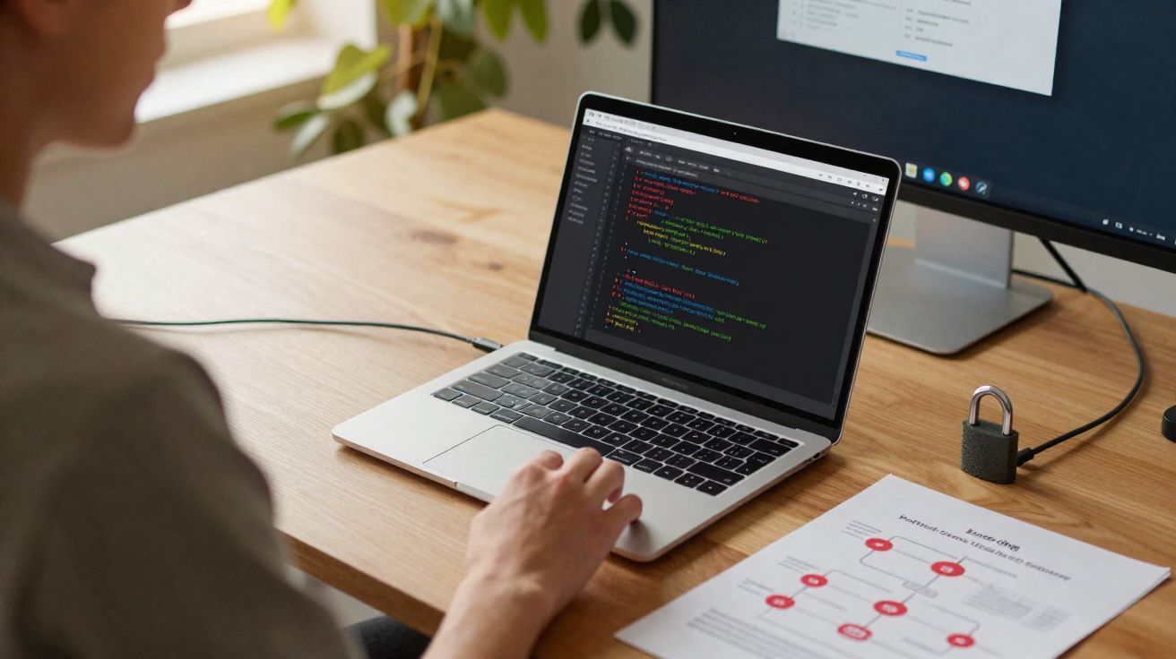 Pessoa a programar num computador portátil com código e monitor extra com cadeado na secretária de madeira.