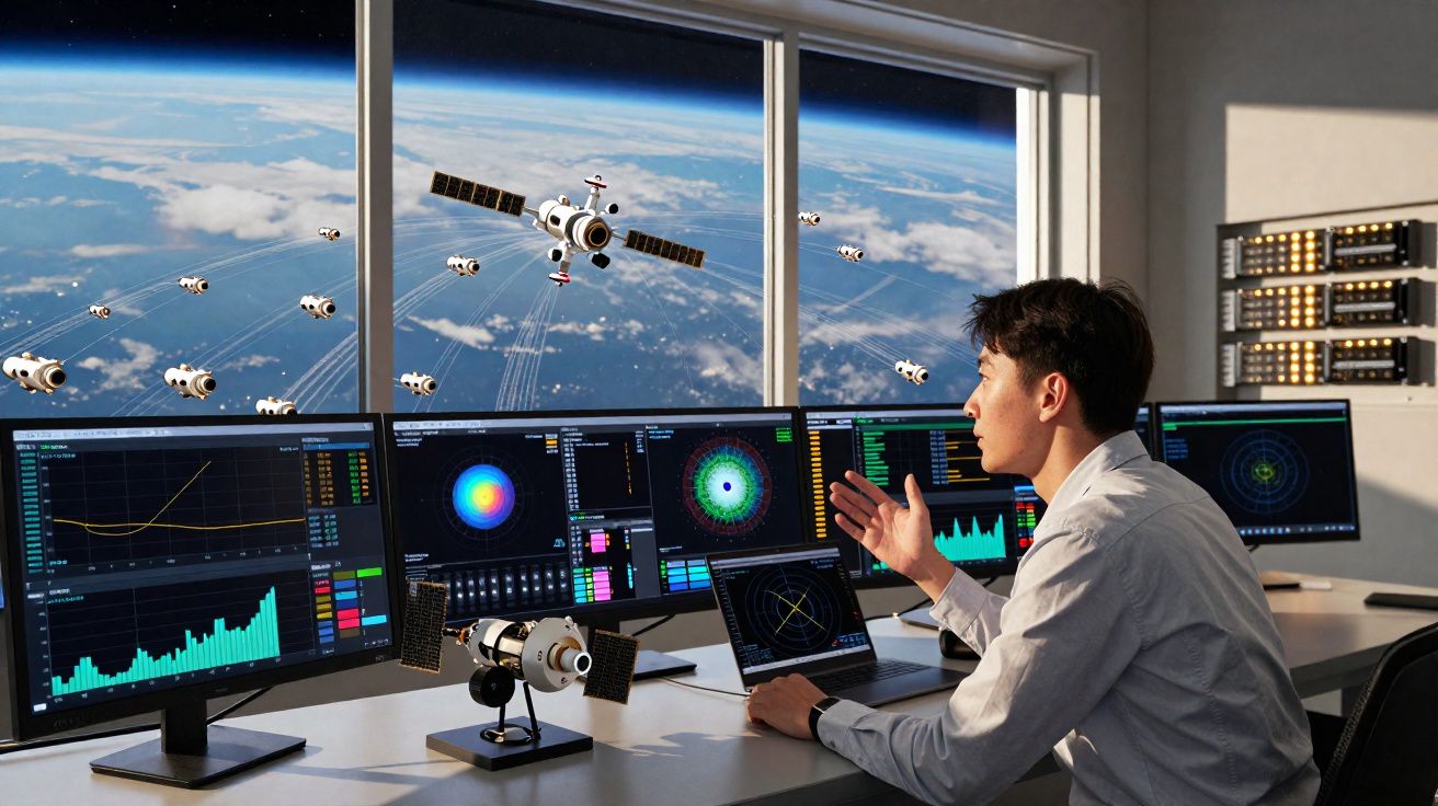 Homem a monitorizar vários ecrãs com dados e imagens de satélites em tempo real numa estação de controlo espacial.