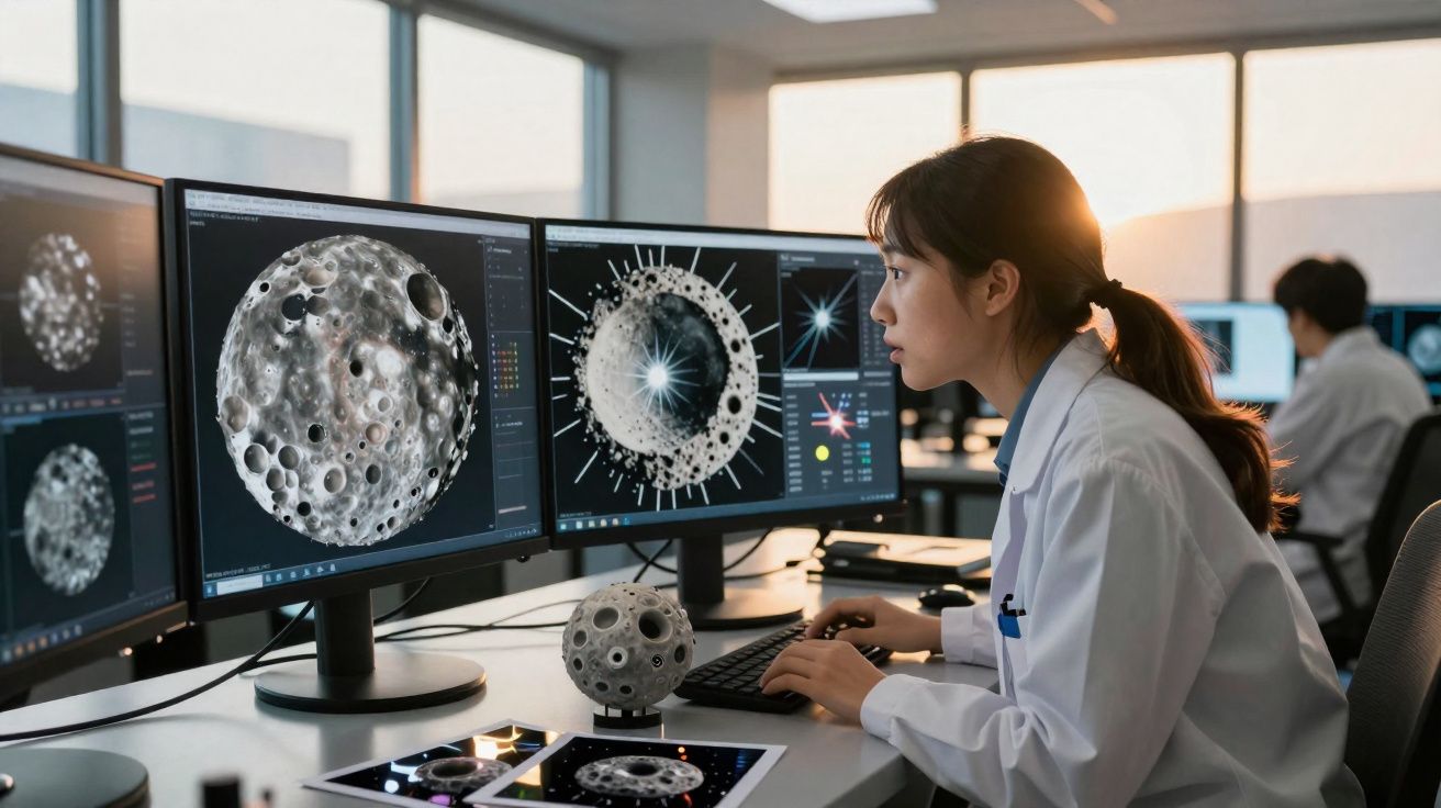 Mulher cientista analisa imagens digitais de um corpo celeste com crateras em vários ecrãs num laboratório.