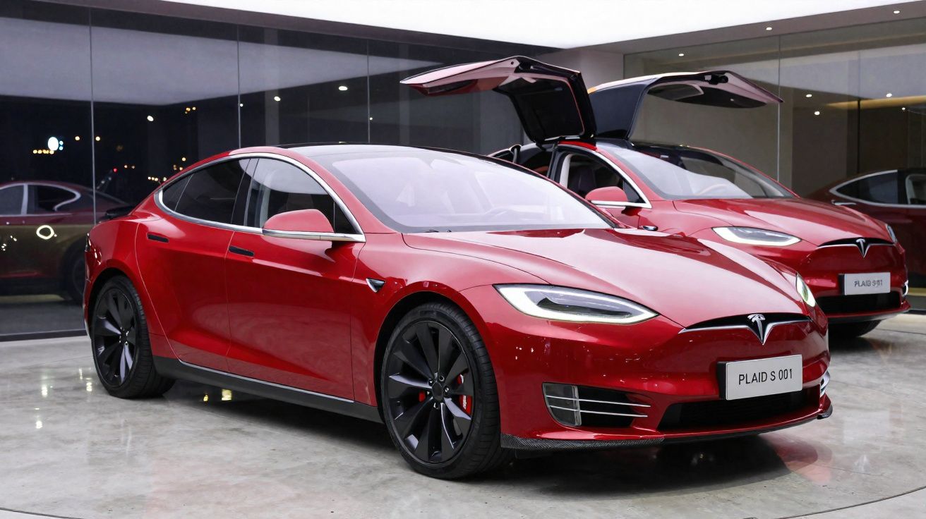 Dois carros Tesla eléctricos vermelhos estacionados numa exposição, um com portas traseiras abertas em estilo asa de gaivota.