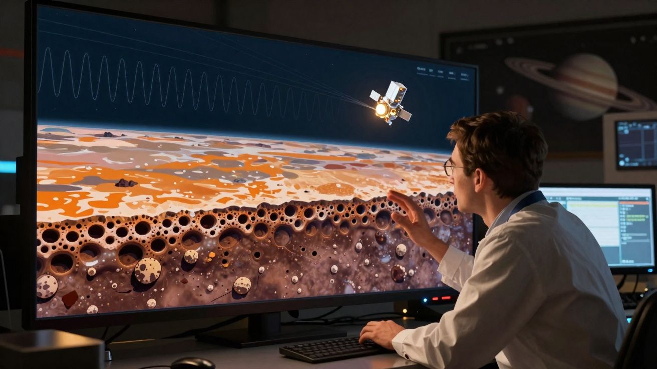 Homem de bata branca analisa simulação 3D de superfície planetária e satélite espacial em ecrã grande.