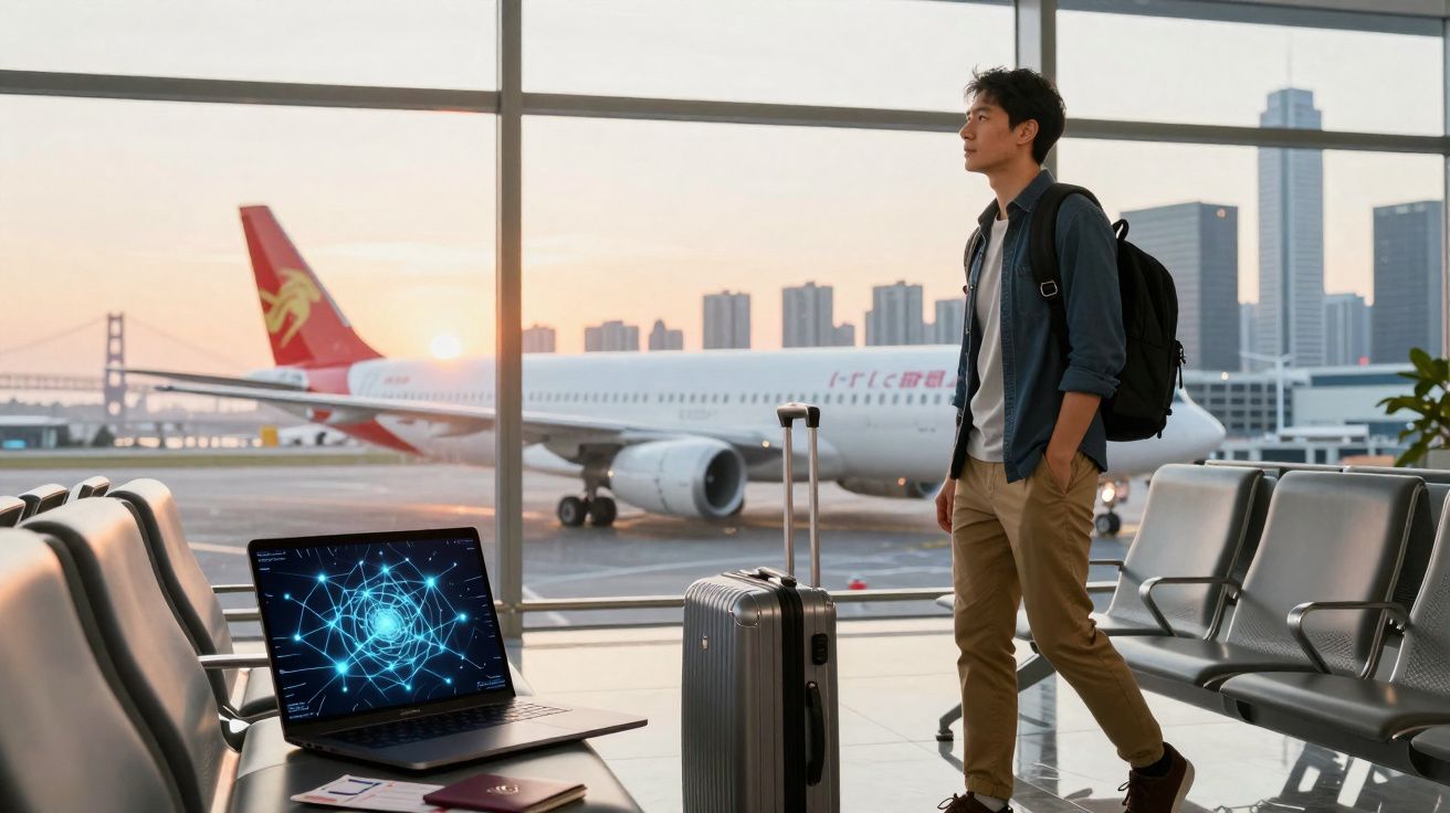 Homem com mochila e mala num aeroporto, junto a uma janela com avião e computador portátil na sala de espera.