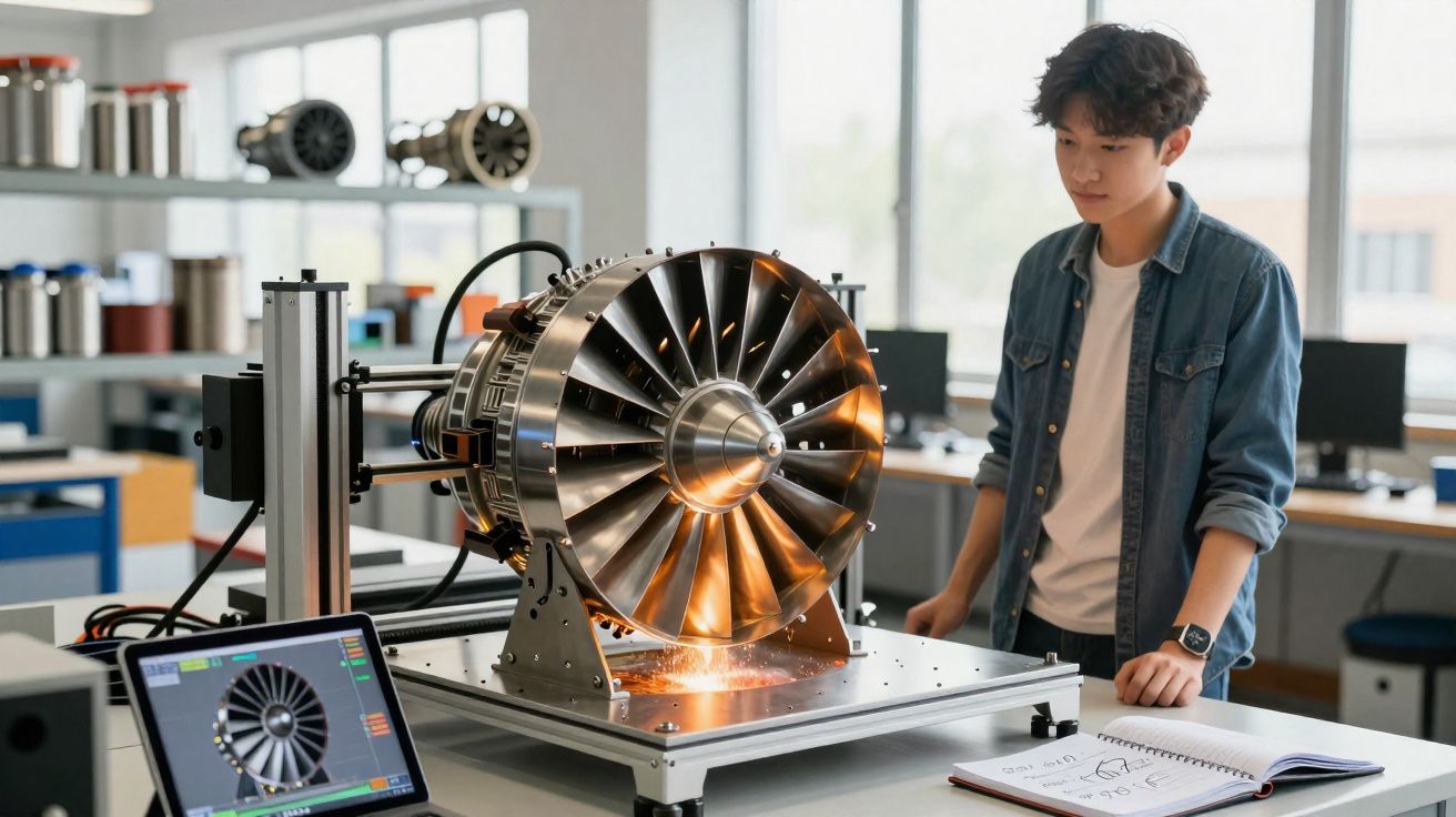 Jovem a analisar um motor de turbina num laboratório, com computador e caderno de notas na mesa.