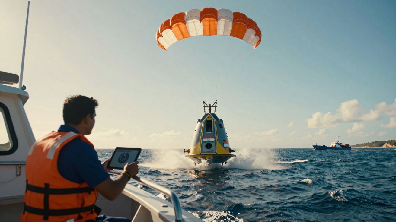 Homem em barco observa cápsula espacial a descer no mar com paraquedas aberto, perto da costa.