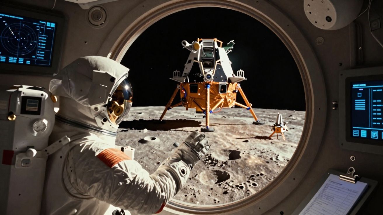 Astronauta observa módulo lunar na superfície da lua através de janela de nave espacial.