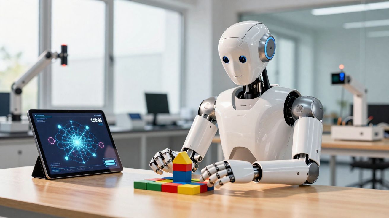 Robô branco a montar blocos coloridos numa mesa com tablet ao lado, em ambiente de laboratório tecnológico.