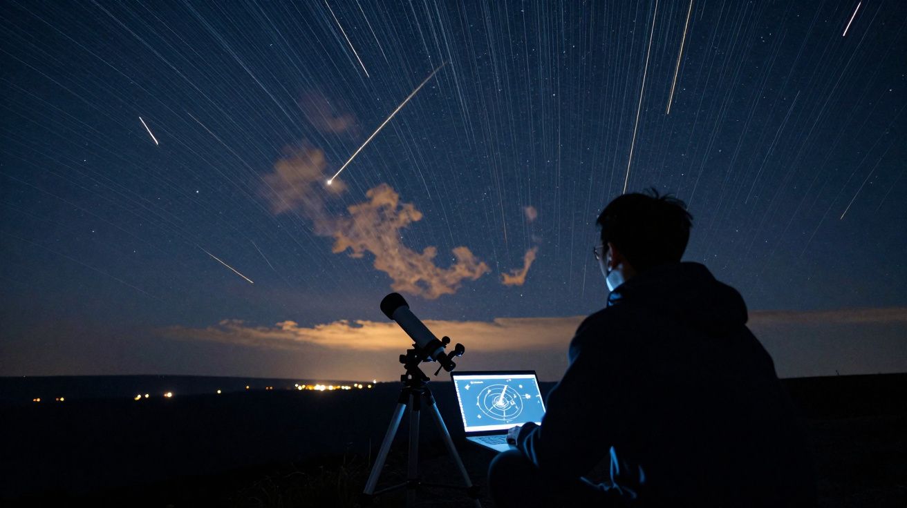 Pessoa sentada com laptop ao lado de telescópio observa céu estrelado com vários meteoros em movimento noturno.