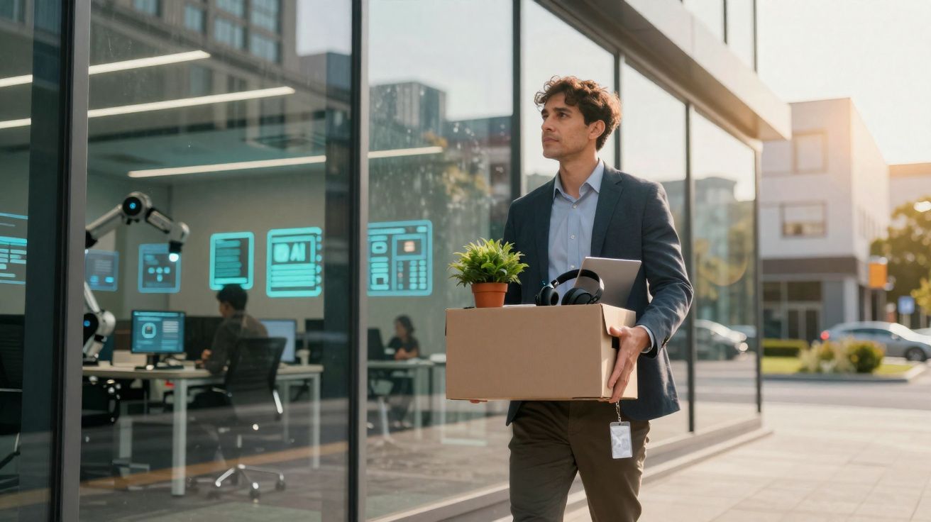 Homem de fato a sair de escritório com uma caixa com planta e objetos pessoais ao final do expediente.