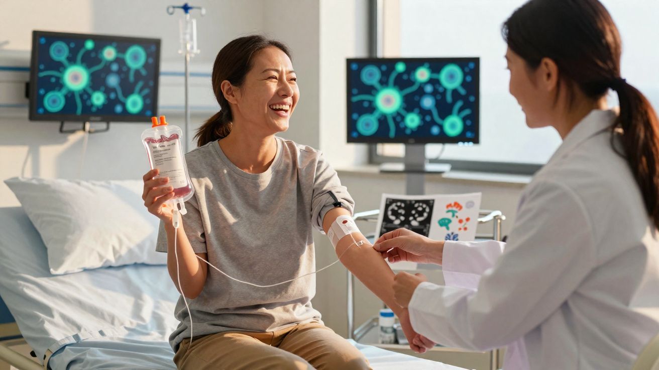 Paciente sorridente sentada numa cama de hospital a receber transfusão, enquanto médica ajusta o dispositivo no braço.