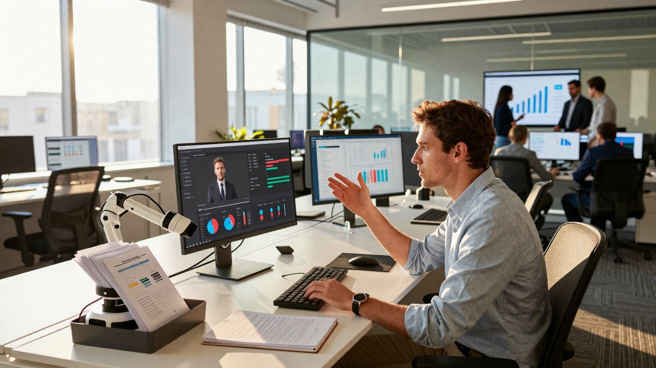 Homem a trabalhar num escritório moderno com múltiplos ecrãs e reunião em vídeo no computador.