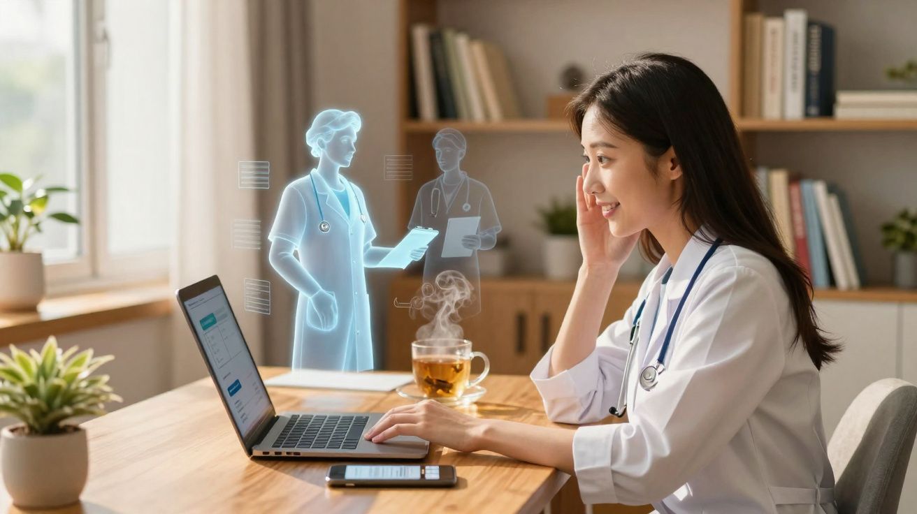 Médica sentada a trabalhar num portátil com hologramas de profissionais de saúde à sua frente.
