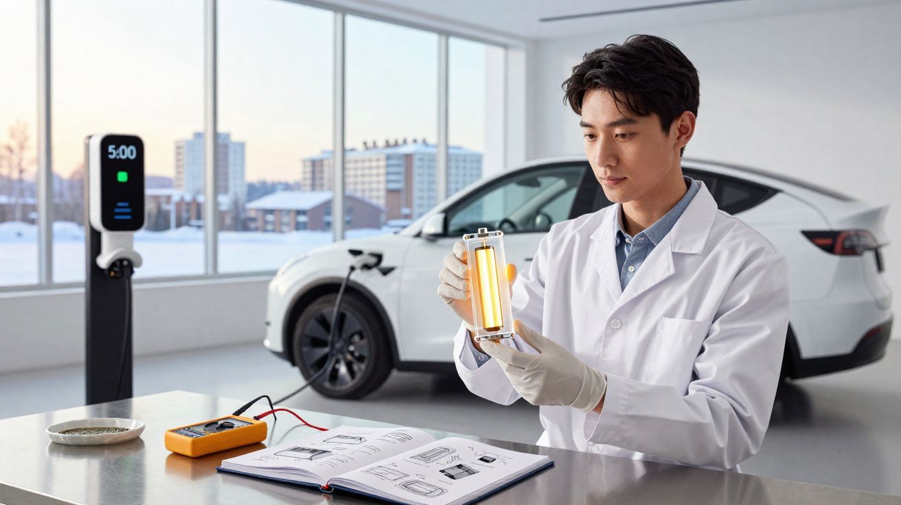 Homem em bata branca segura bateria de carro elétrico, com carro e carregador elétrico ao fundo.