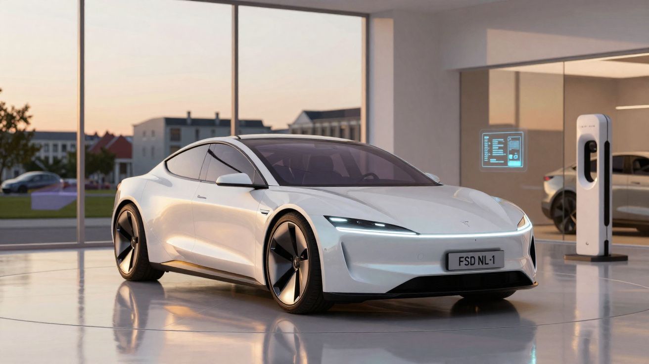 Carro elétrico moderno branco estacionado numa garagem com carregador e painel digital instalado na parede.