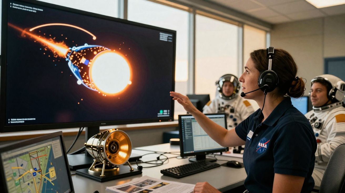 Mulher com fones em centro de controlo espacial observa simulação de reentrada atmosférica em monitor grande.