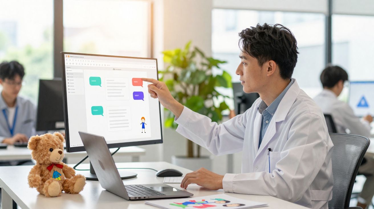 Homem vestido de branco aponta para ecrã de computador com balões de conversa num escritório moderno.
