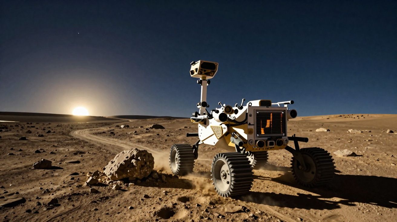 Rover exploratório a circular numa superfície árida e rochosa sob um céu escuro ao pôr do sol.
