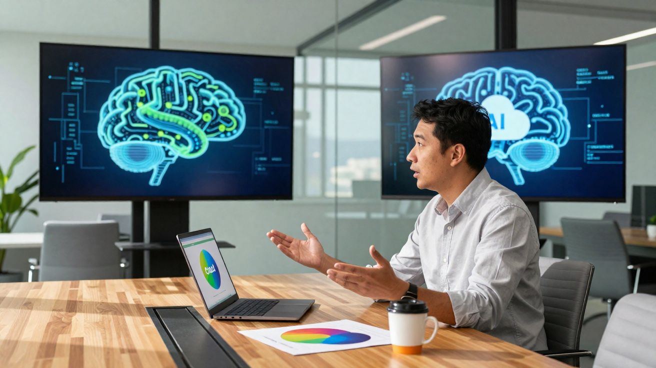 Homem sentado numa sala de reuniões a apresentar gráficos de cérebro com inteligência artificial em dois ecrãs.