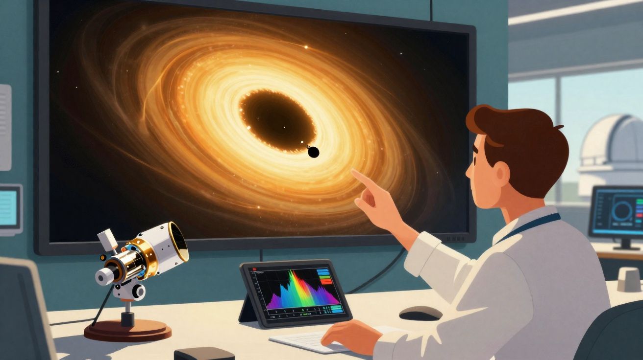 Cientista numa sala de controlo a analisar imagem de buraco negro projetada num ecrã grande.