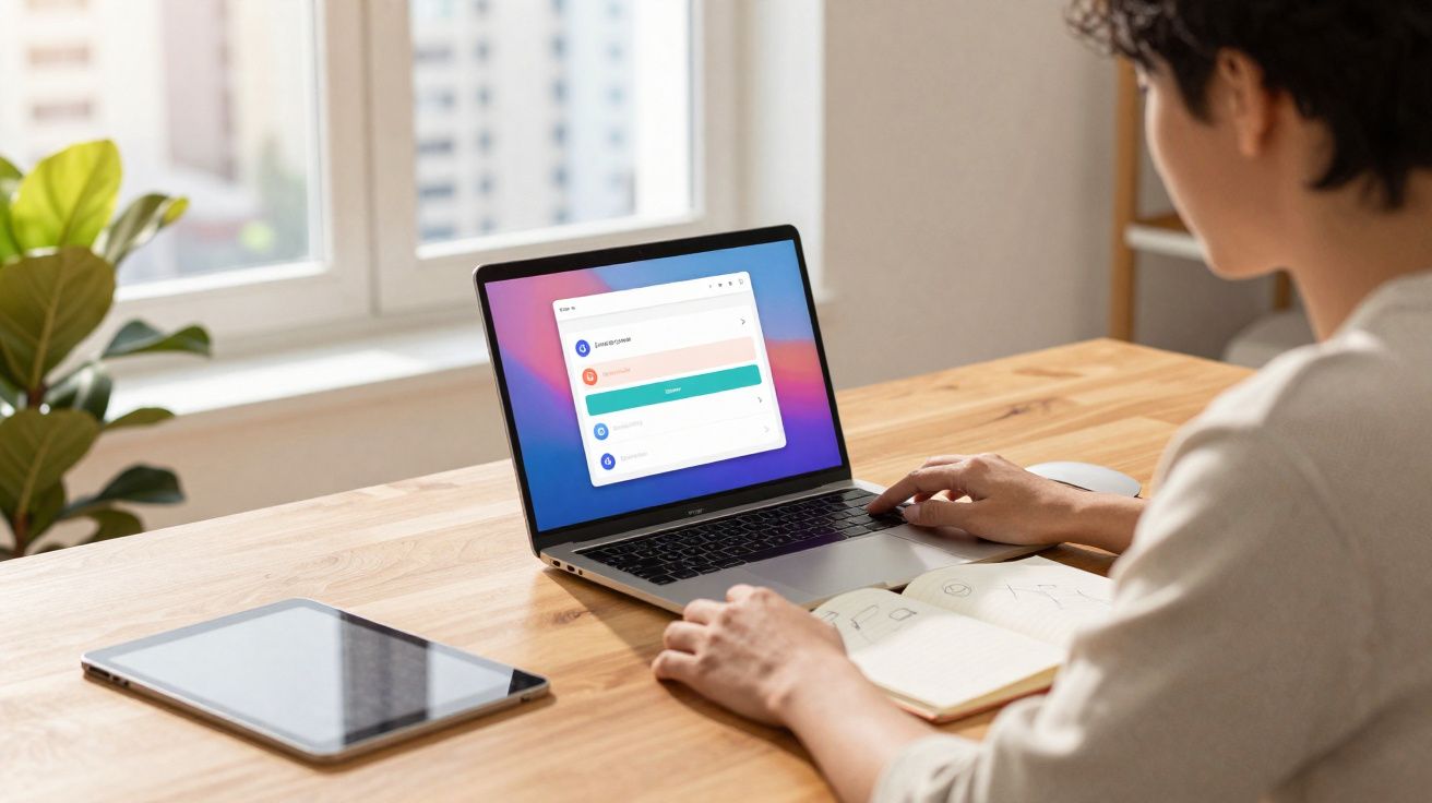 Pessoa a usar computador portátil num ambiente luminoso, com agenda aberta e tablet sobre a mesa.