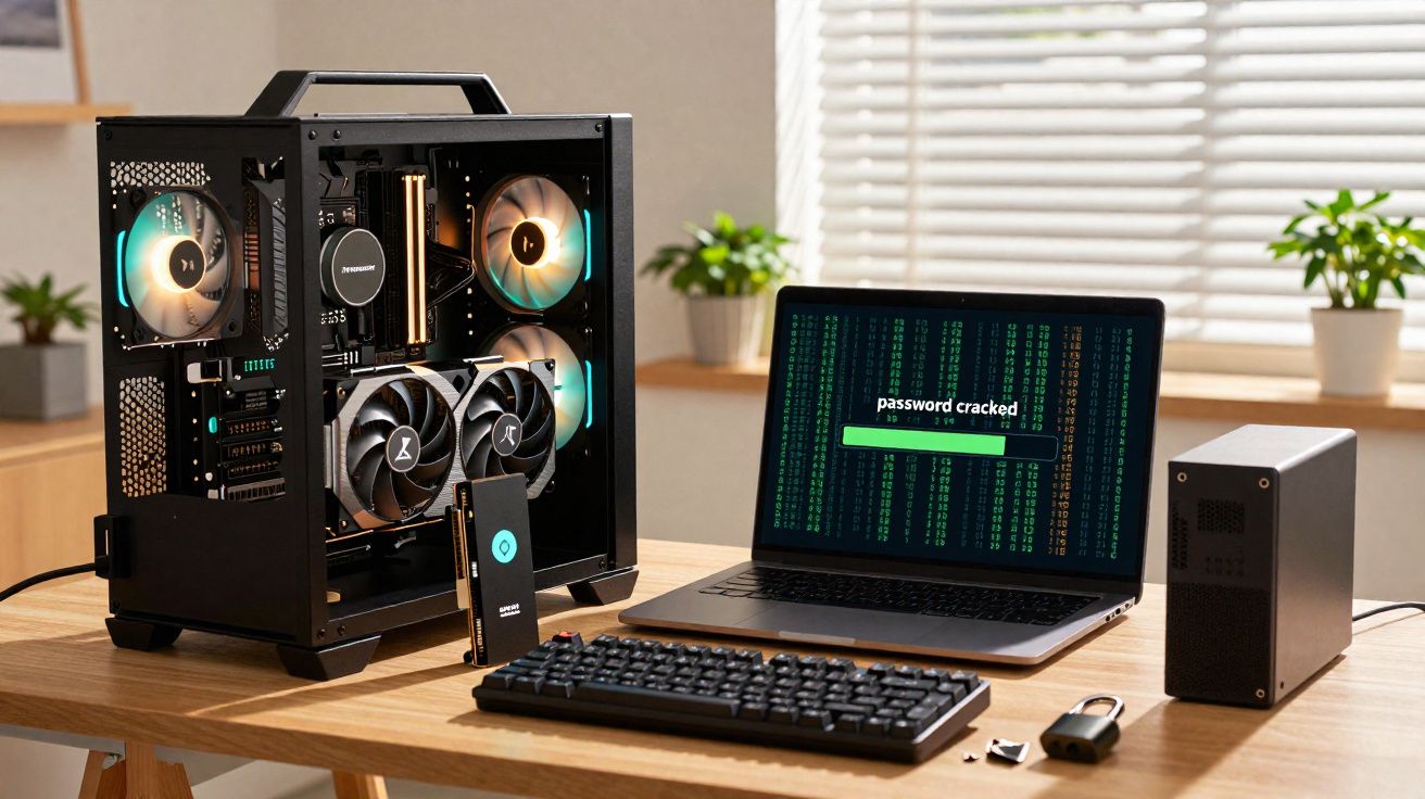 Computador aberto, portátil com ecrã a mostrar mensagem "password cracked", teclado e dispositivos numa secretária.