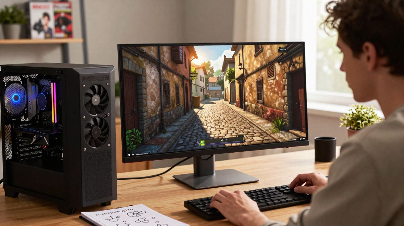 Pessoa a jogar videojogo de ambiente medieval num computador com ecrã ultrawide numa secretária.