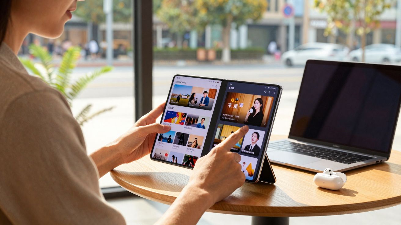 Pessoa a usar tablet dobrável para assistir vídeos, com computador portátil e auriculares numa mesa redonda.