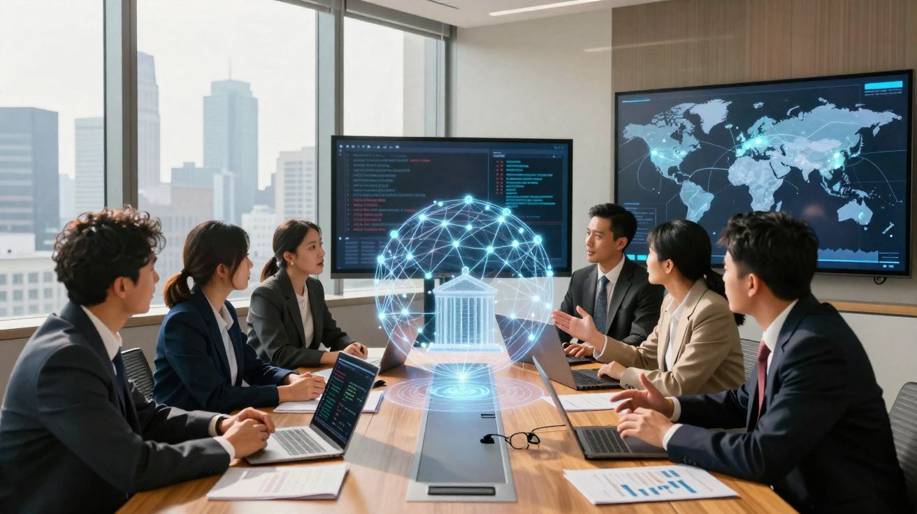 Reunião de negócios com seis profissionais e holograma digital de banco em sala com vista urbana.