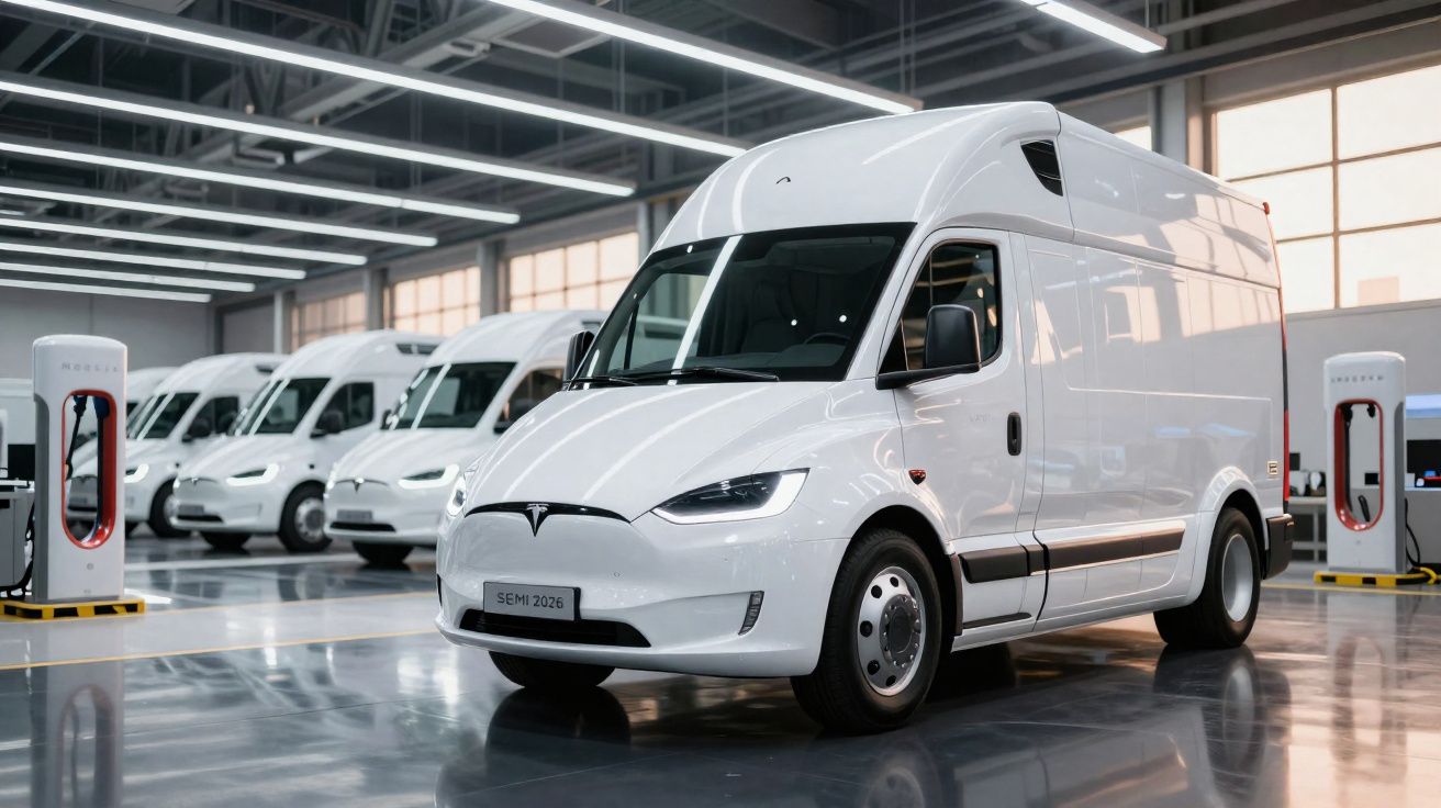 Furgonetas elétricas Tesla Semi 2026 brancas estacionadas numa garagem moderna com postos de carregamento.