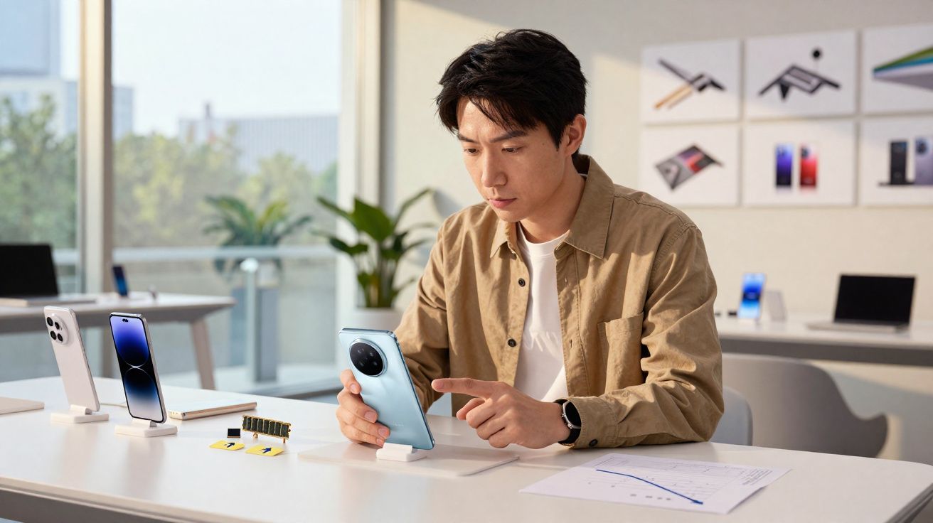 Homem sentado a analisar um smartphone azul numa loja tecnológica moderna com produtos em exposição.