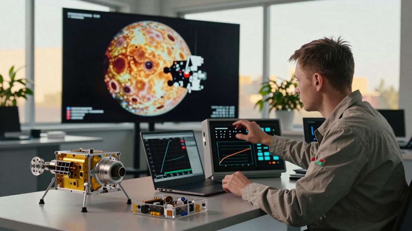 Homem a analisar dados em ecrãs num laboratório com modelo de sonda espacial e projeção de planeta.