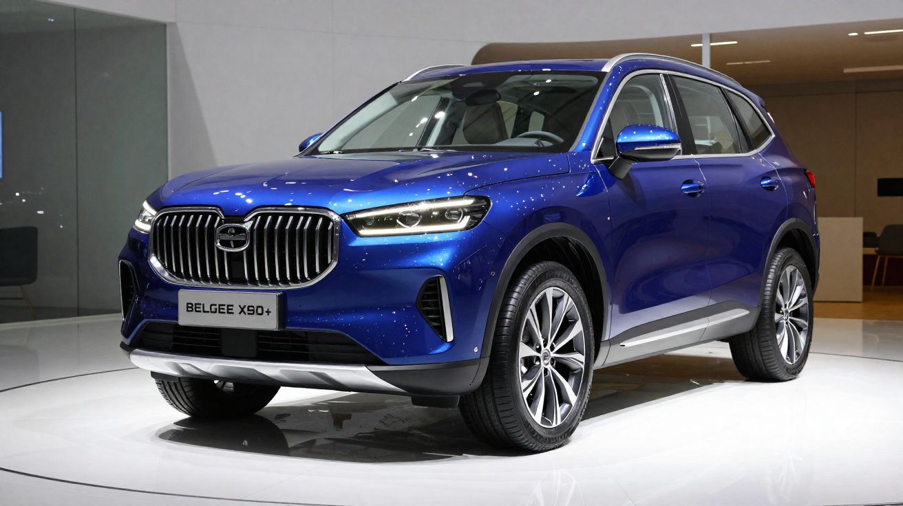 SUV azul metálico Belgee X90+ numa exposição interior com iluminação suave.