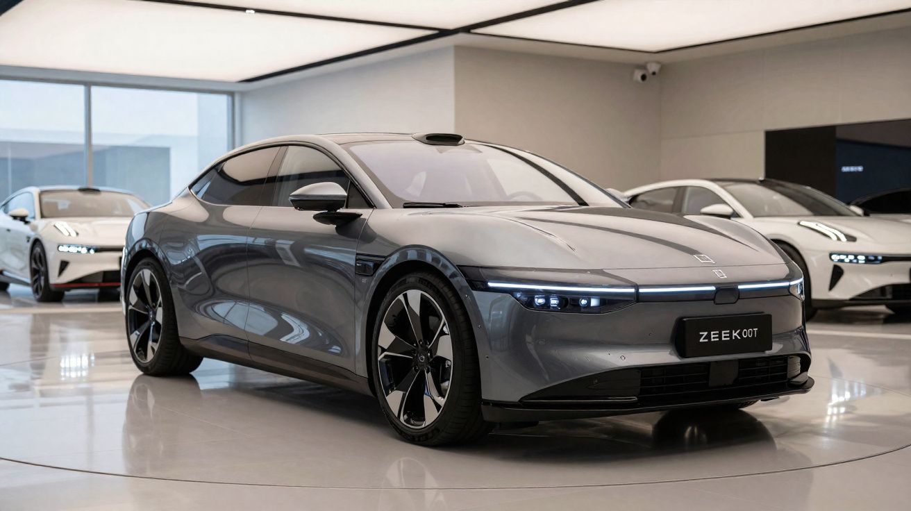 Carro eléctrico cinzento moderno ZEEKR 001 numa sala de exposição elegante e bem iluminada.