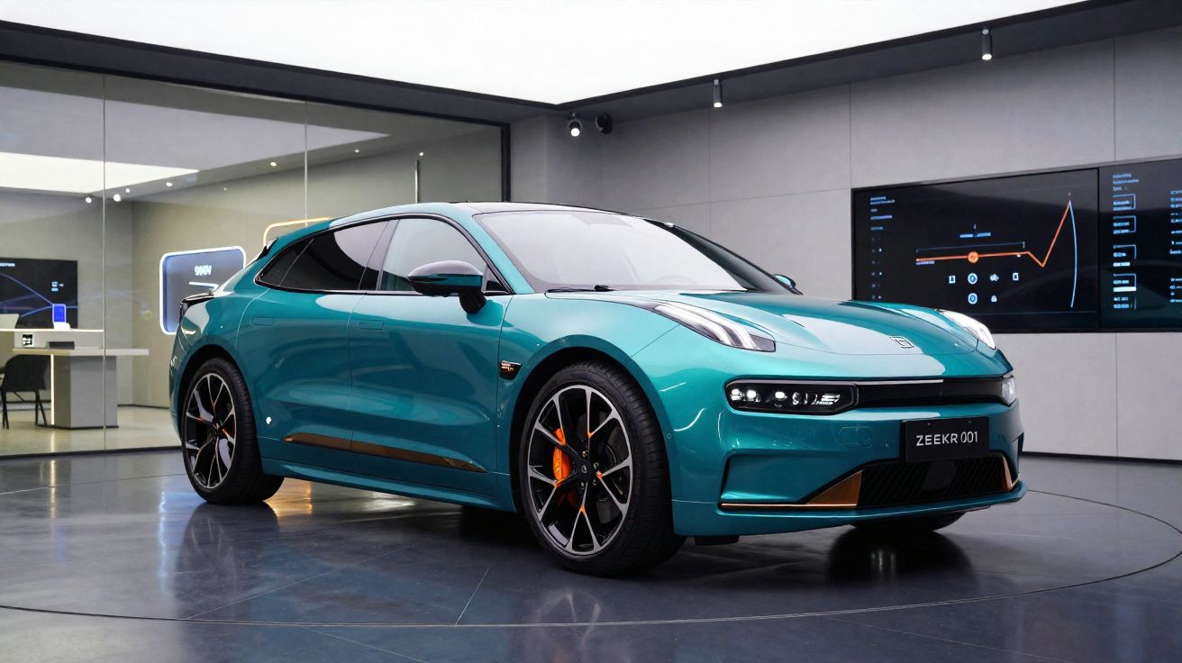 Carro elétrico azul turquesa Zeekr 001 exposto numa sala moderna com ecrãs digitais ao fundo.