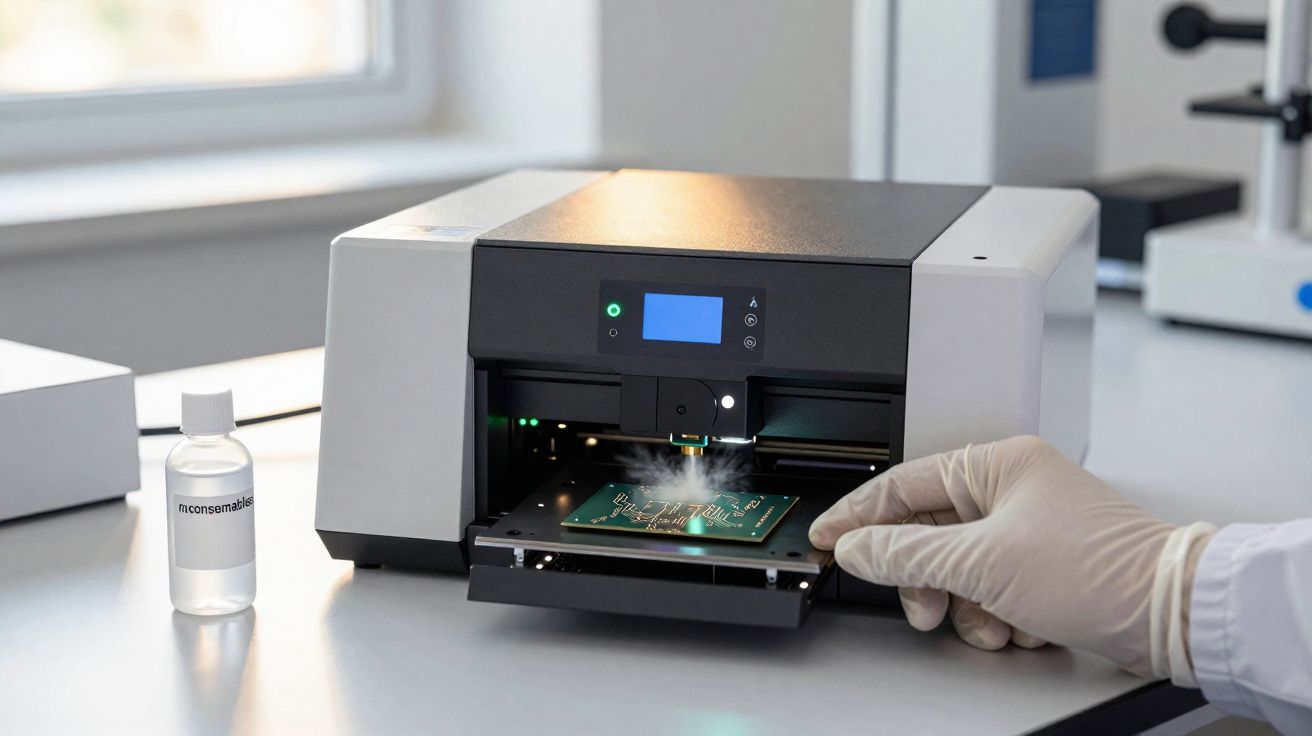 Impressora 3D a fabricar uma placa eletrónica, com mão enluvada a manusear o equipamento num laboratório.