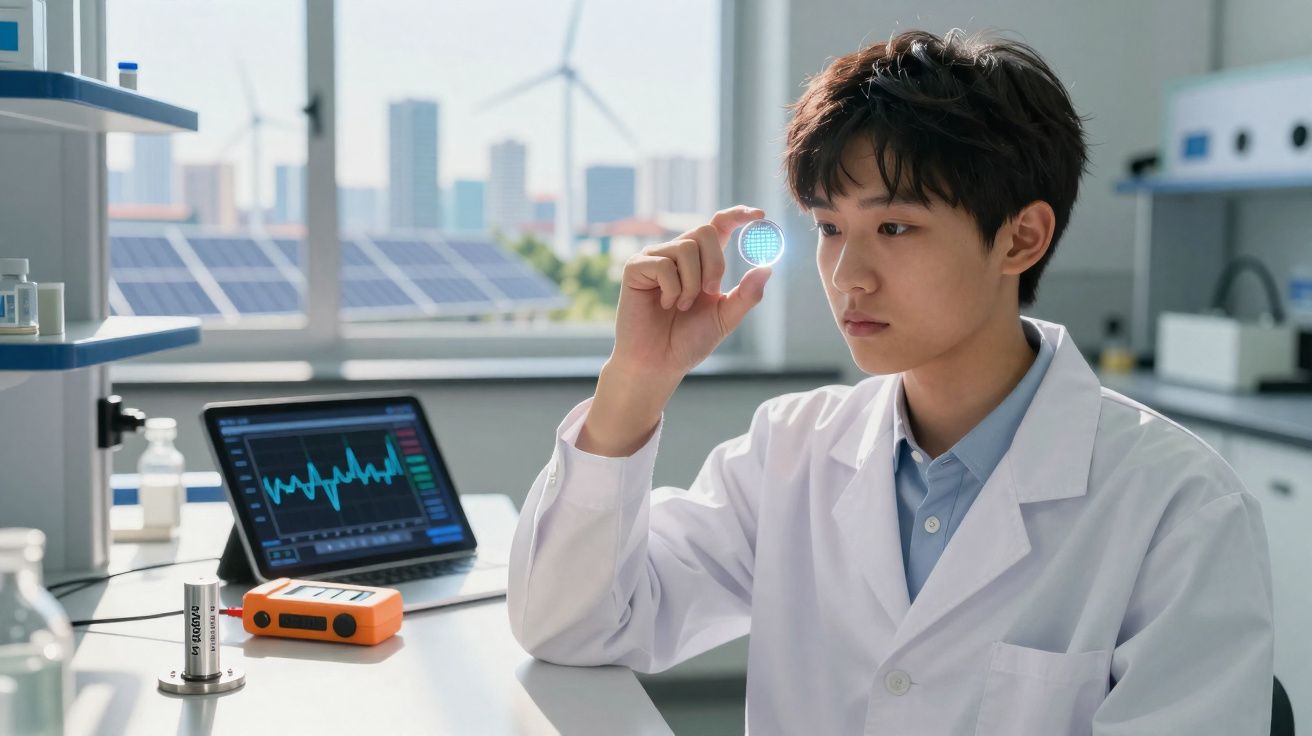 Cientista jovem vestido de bata observa um chip tecnológico numa mão no laboratório moderno.