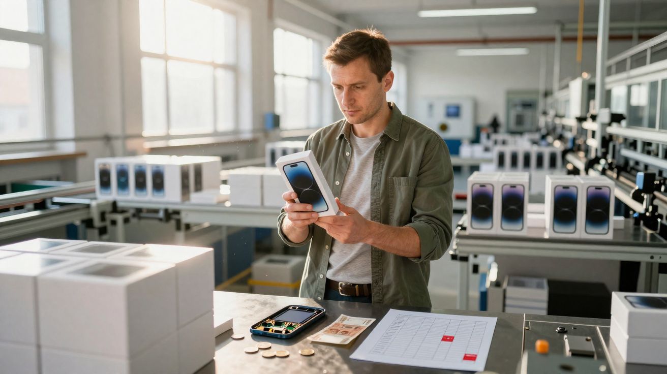 Homem numa fábrica a inspecionar caixas de telemóveis numa linha de montagem iluminada por luz natural.
