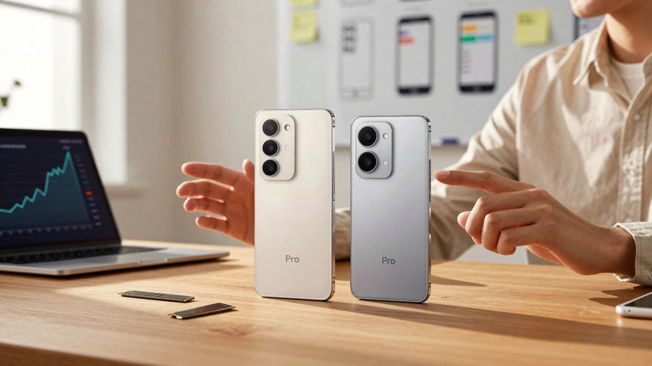 Dois smartphones Pro em pé numa mesa de madeira com um portátil a mostrar gráfico e uma pessoa gesticulando ao fundo.