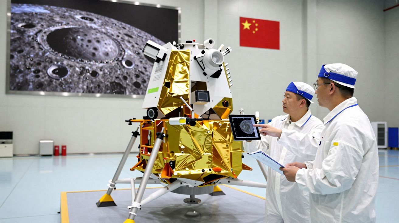 Dois engenheiros chineses em uniforme observam protótipo de módulo lunar com bandeira da China ao fundo.
